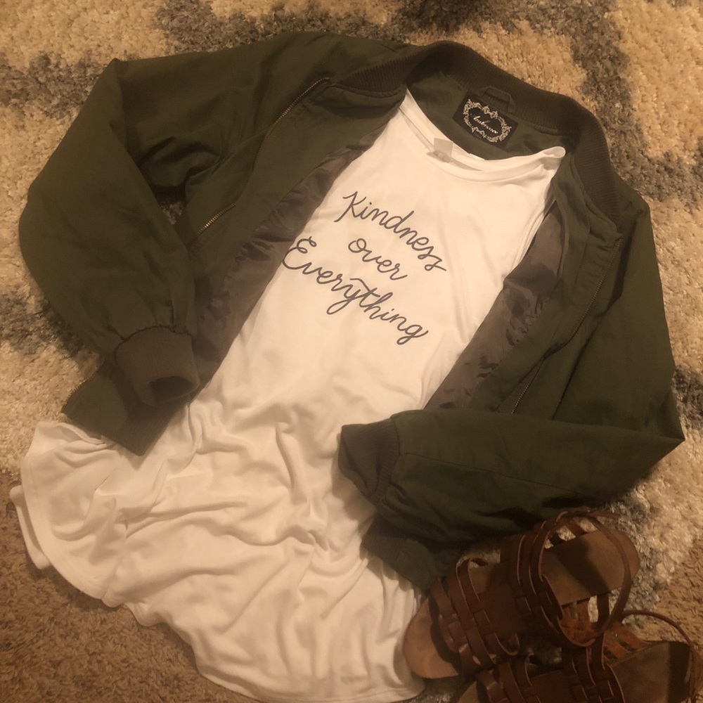 Olive green bomber jacket.